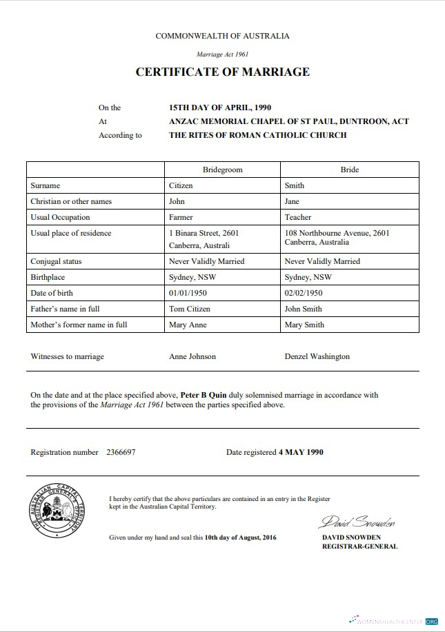 Download Australia Australian Capital Territory marriage certificate template in Word Photoshop template